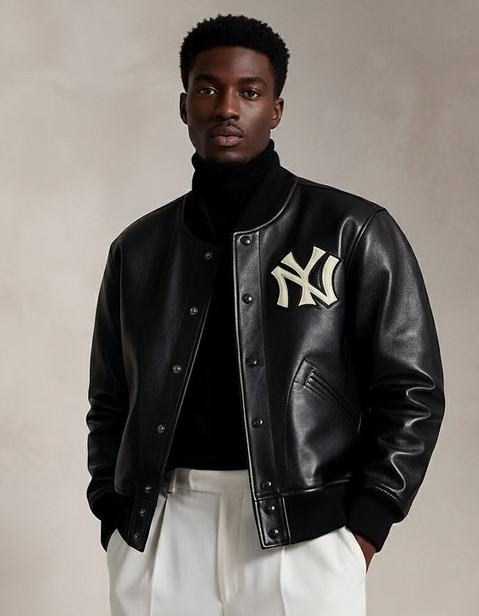 Man wearing a black leather jacket with a logo, black turtleneck, and white pants on a beige background