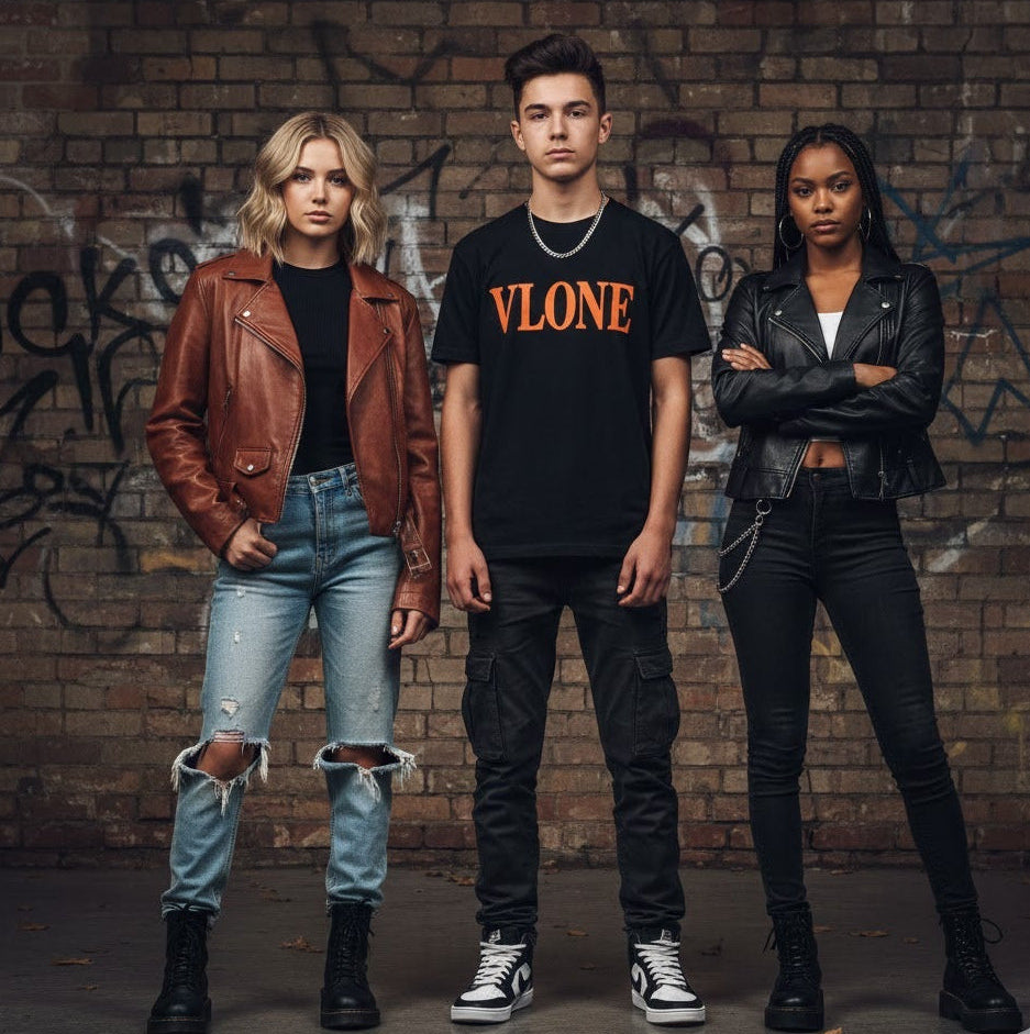 Three people standing in front of a graffiti-covered brick wall.